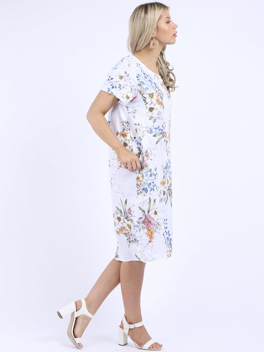 Italian Floral Print Short Linen Dress