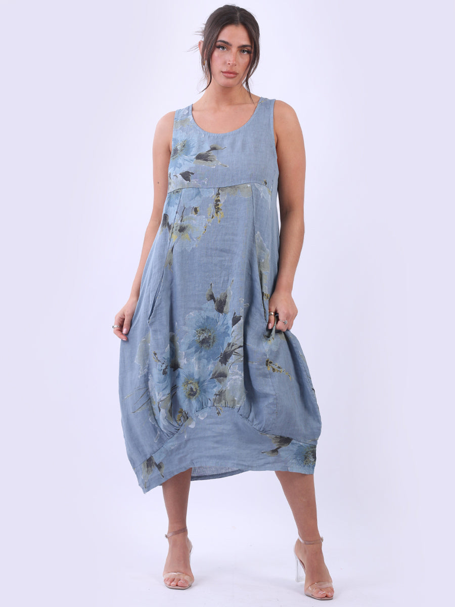 Italian Side Ribbed Linen Sleeveless Floral Tank Dress