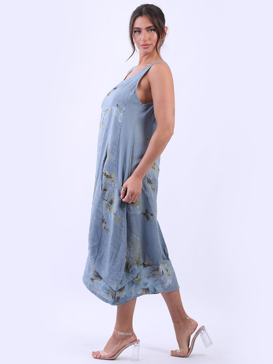 Italian Side Ribbed Linen Sleeveless Floral Tank Dress
