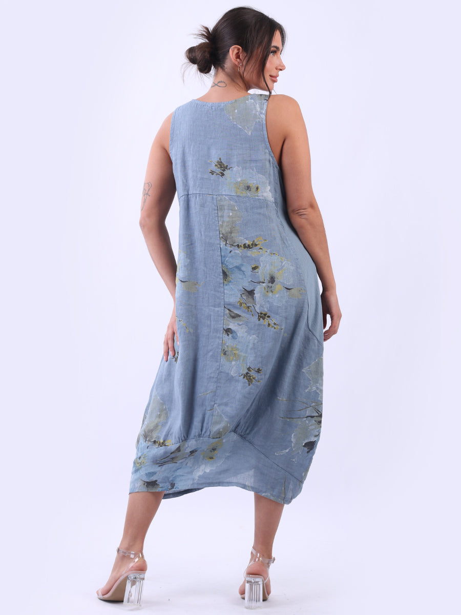 Italian Side Ribbed Linen Sleeveless Floral Tank Dress