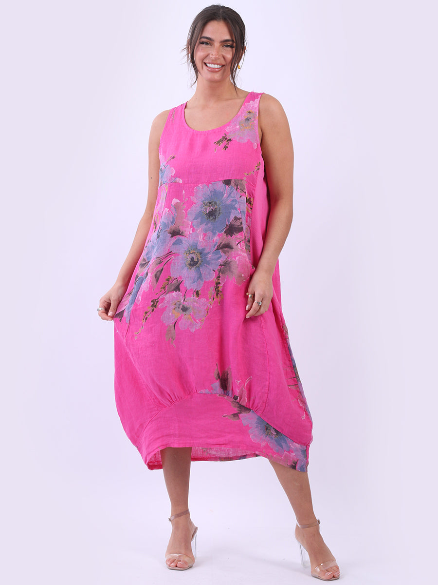 Italian Side Ribbed Linen Sleeveless Floral Tank Dress