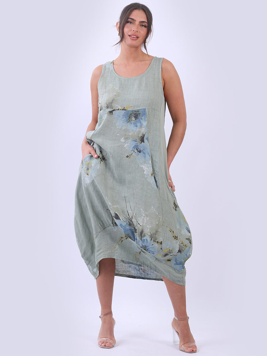 Italian Side Ribbed Linen Sleeveless Floral Tank Dress