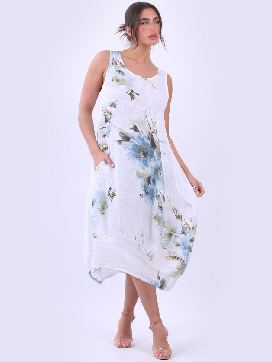 Italian Side Ribbed Linen Sleeveless Floral Tank Dress