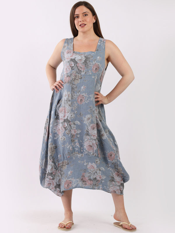 Linen Scoop Neck Floral Dress