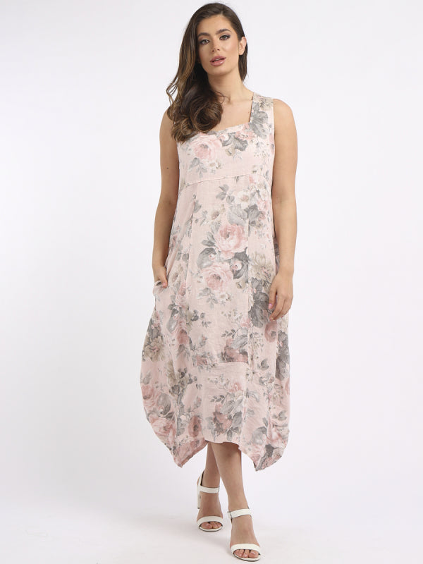 Linen Scoop Neck Floral Dress