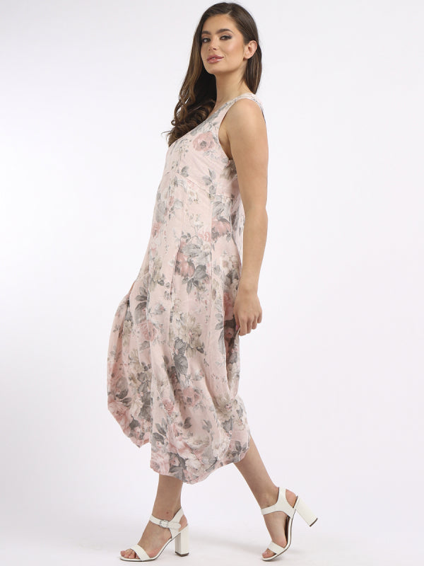 Linen Scoop Neck Floral Dress