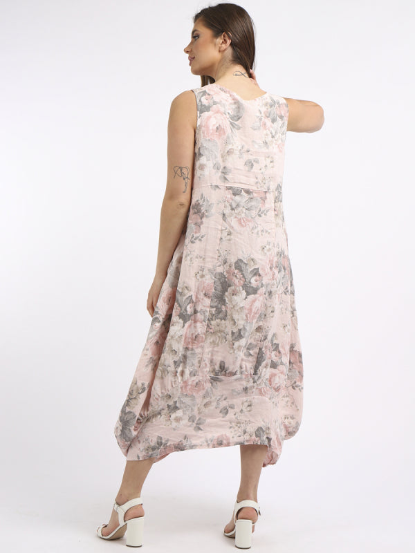 Linen Scoop Neck Floral Dress