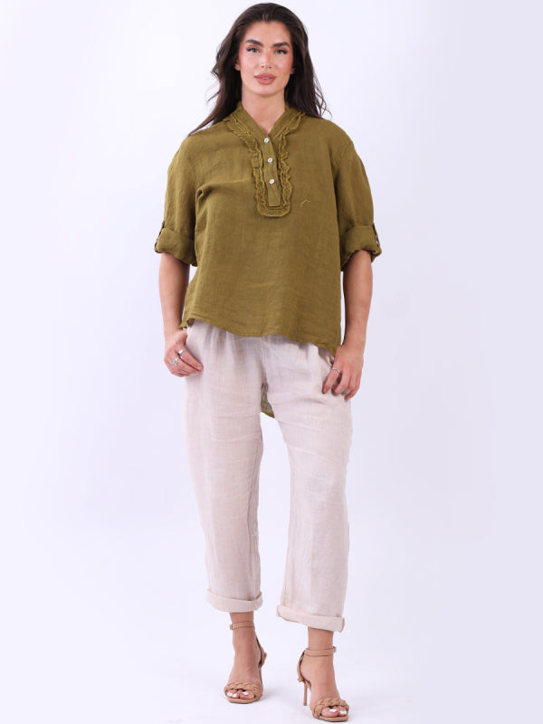 Ruffle Buttoned Placket Baggy Linen Tunic Top