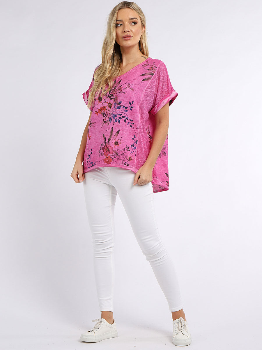 Italian Vintage Washed Floral Print Linen Crop Top