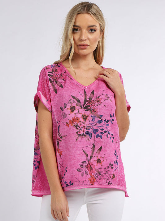 Italian Vintage Washed Floral Print Linen Crop Top