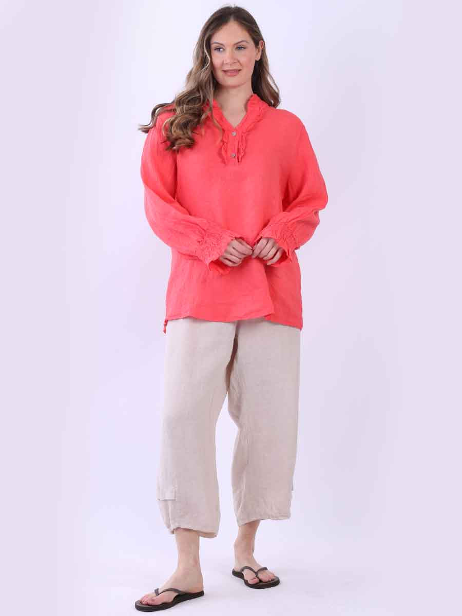 Ruffle Trim Linen Longsleeve Top