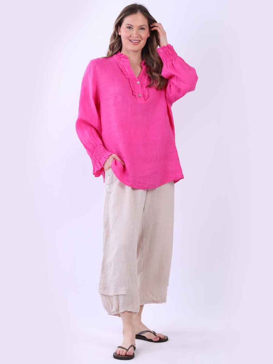 Ruffle Trim Linen Longsleeve Top