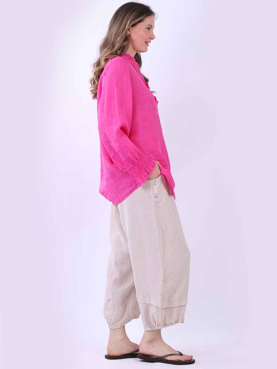 Ruffle Trim Linen Longsleeve Top