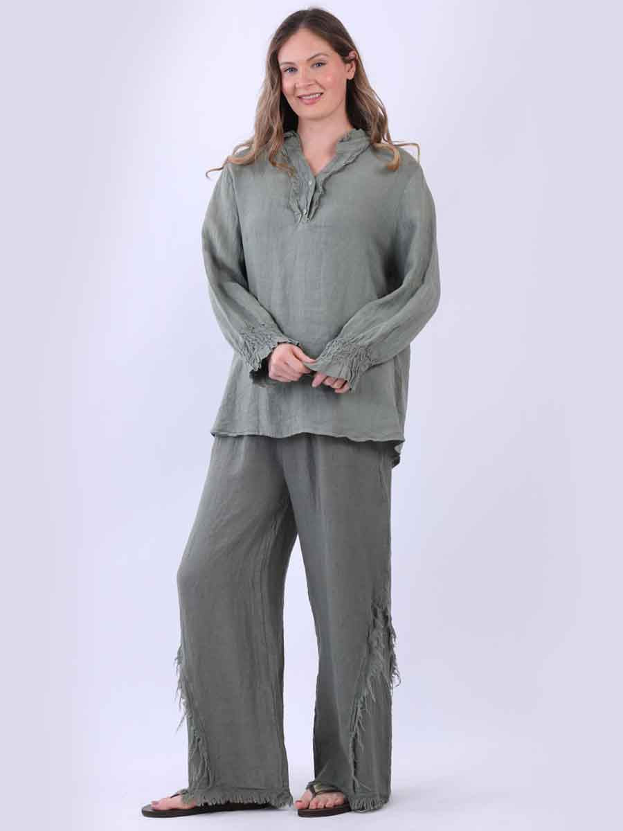 Ruffle Trim Linen Longsleeve Top