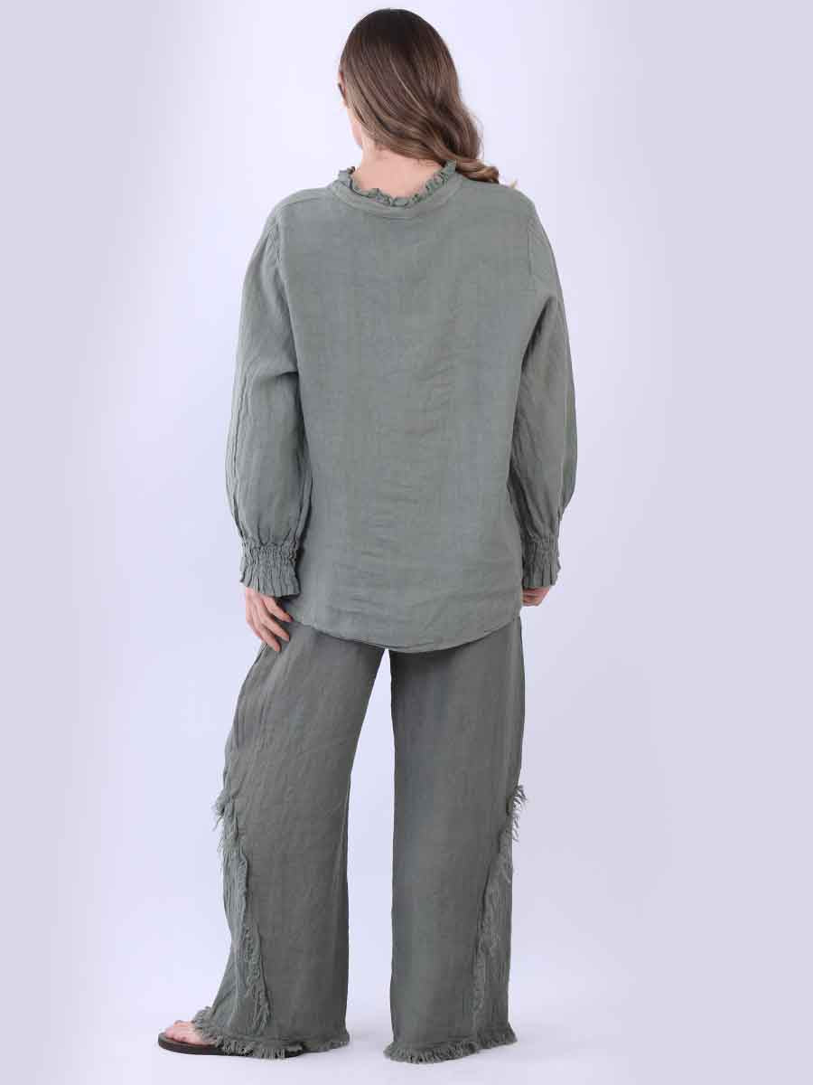 Ruffle Trim Linen Longsleeve Top