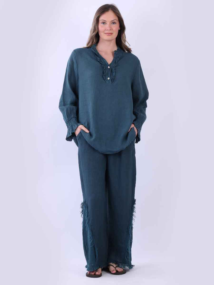 Ruffle Trim Linen Longsleeve Top