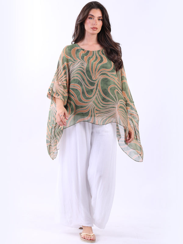 Swirl Print Batwing Silk Tunic Top