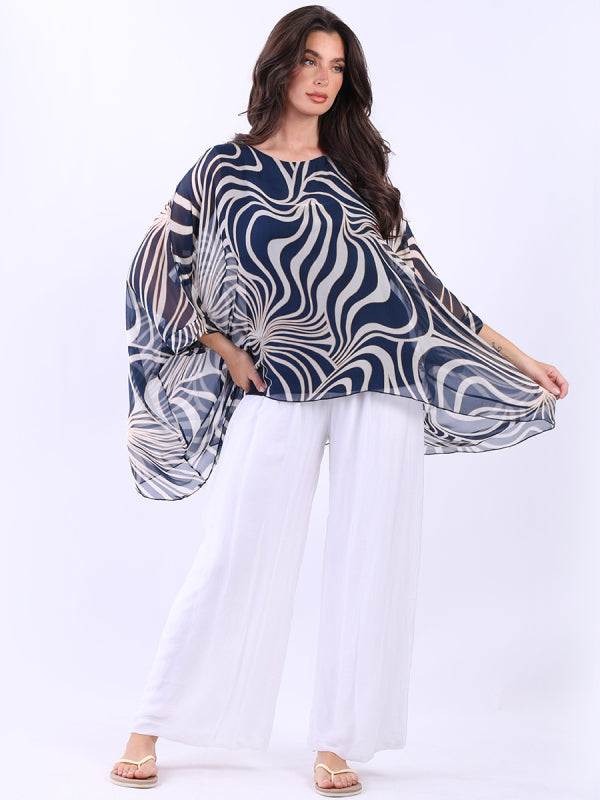 Swirl Print Batwing Silk Tunic Top