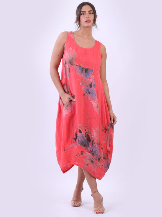 Italian Side Ribbed Linen Sleeveless Floral Tank Dress