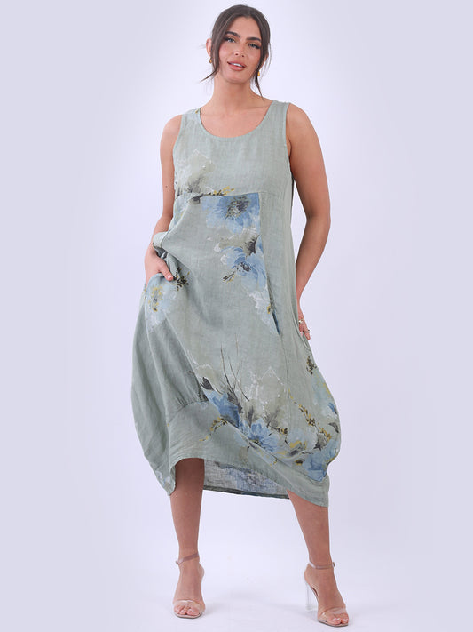Italian Side Ribbed Linen Sleeveless Floral Tank Dress