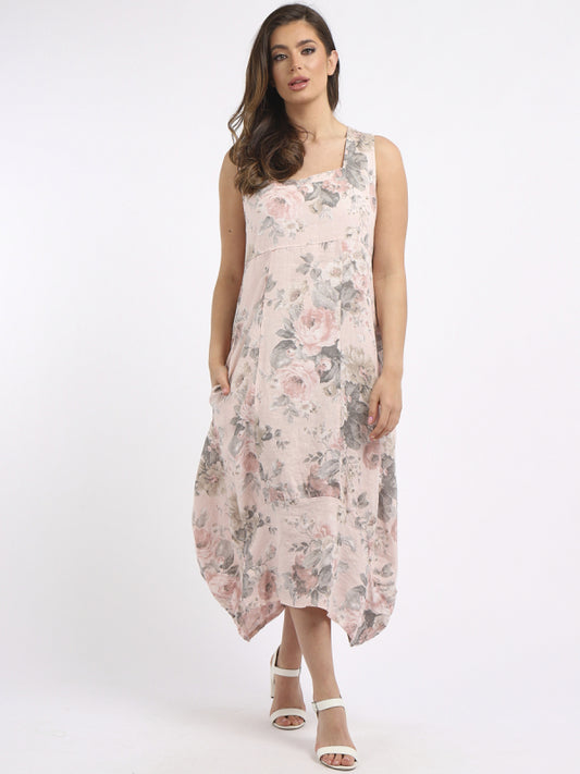 Linen Scoop Neck Floral Dress