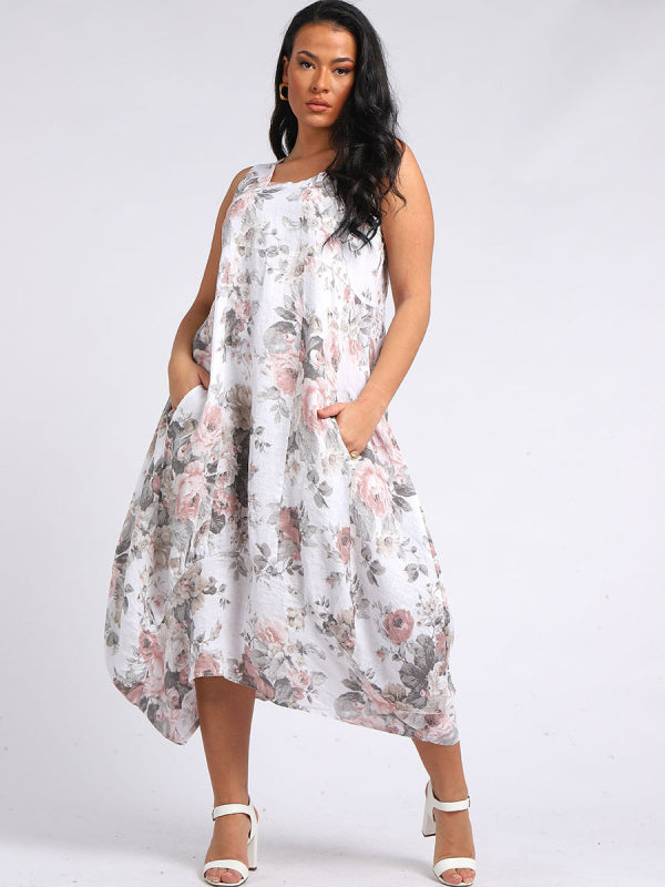 Linen Scoop Neck Floral Dress
