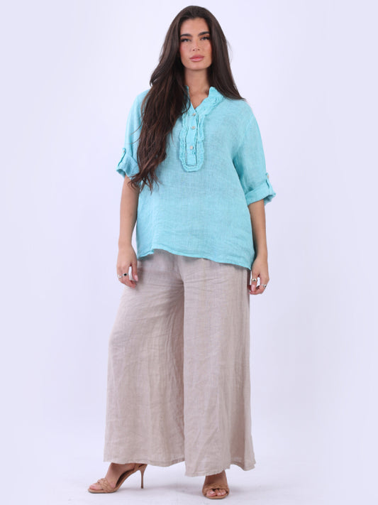 Ruffle Buttoned Placket Baggy Linen Tunic Top