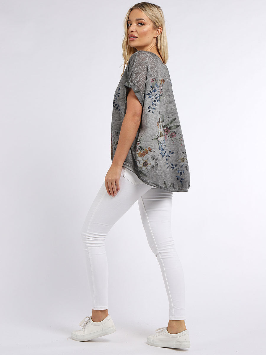 Italian Vintage Washed Floral Print Linen Crop Top