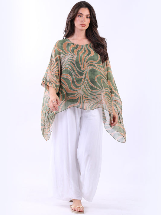 Swirl Print Batwing Silk Tunic Top
