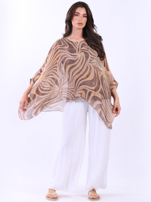 Swirl Print Batwing Silk Tunic Top